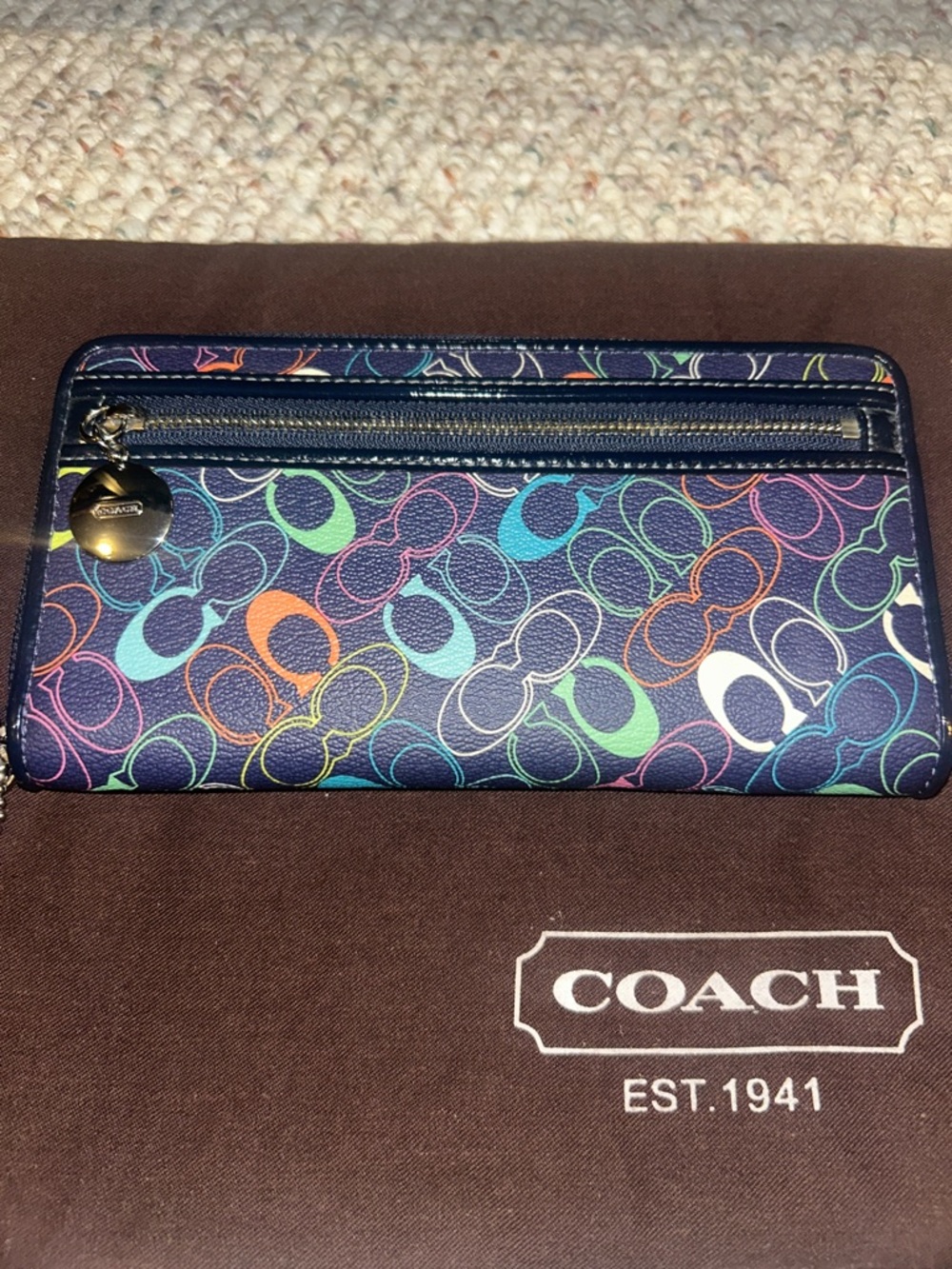 Coach Navy Signature C Wallet with Multicolor Accent Print and Silver Hardware